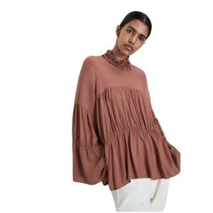 Zara Women's Boho Tunic Blouse Long Bell Sleeves Ruffle Neck Size L Mauve